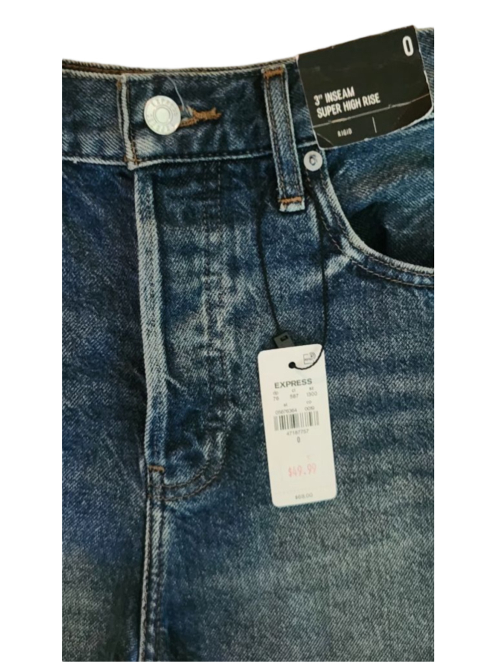Express Super High Rise Denim Shorts Womens Size 0 Medium Wash Raw Hem Boho NWT - Picture 3 of 5